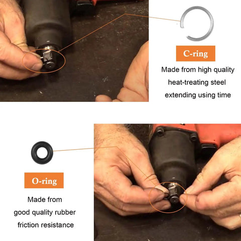 Three Eighths Inch Impact Socket Retaining Clip Kit With O Ring And Installation Tool For Brushless Impact Wrench, Includes C Ring Retainers And Replacement Sockets, Durable Steel Construction