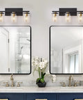 3-Light Black And Gold Bathroom Vanity Lights With Glass Cylinder Sconces For Wall Mounted Bathroom Lighting