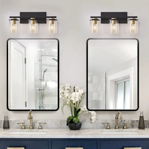 3-Light Black And Gold Bathroom Vanity Lights With Glass Cylinder Sconces For Wall Mounted Bathroom Lighting