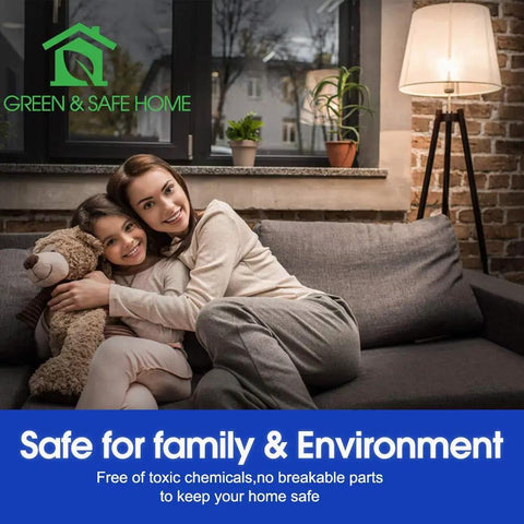 Mother and daughter on sofa with lamp, promoting safe home environment from Green & Safe Home.