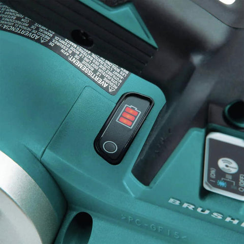 Makita cordless planer in teal with battery level indicator on the handle.