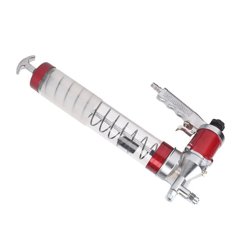 Beefy Heavy Duty Pneumatic Grease Gun With 12000 PSI High Pressure Seal, Leakproof Grip in metal and red finish, side view