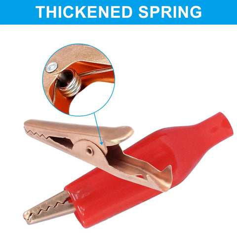 Pro Grade Copper Alligator Clips Set 35mm showing insulated crocodile clip with thickened spring and red cover for electrical testing.