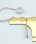 Hands-On Hand Crank Generator Kit For DIY Science Project With Light Bulb, Kid-Friendly Educational Physics And Electromagnetism STEM Kit For Students, Two Piece Set In Random Colors, motor and wooden base view
