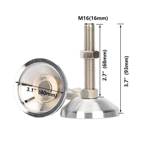 4 Piece M16 Carbon Steel Adjustable Feet Levelers For Workbench Heavy Duty Furniture And Industrial Equipment Swivel Style For Quick Install Easy Setup Ideal For Leveling On Uneven Floors And Variable Surfaces, M16 16mm foot, 80mm base