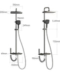 CUTPOIY Thermostatic Shower System dimensions diagram showing adjustable height and parts of the gray shower faucet set.