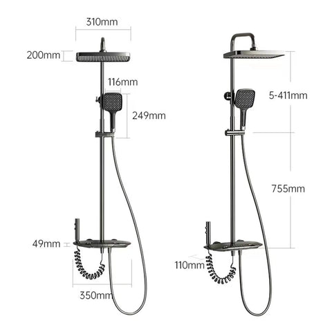 CUTPOIY Thermostatic Shower System dimensions diagram showing adjustable height and parts of the gray shower faucet set.