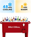 80 Quart Rolling Ice Chest Cart Portable Beverage Cooler With Bottle Opener Cap Collector And Storage Shelf For Patio Parties BBQs And Beach Days Go To Party Essential Outdoor Fun Red filled with drinks