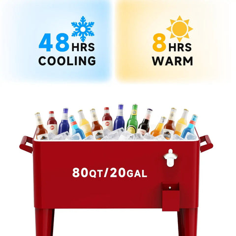 80 Quart Rolling Ice Chest Cart Portable Beverage Cooler With Bottle Opener Cap Collector And Storage Shelf For Patio Parties BBQs And Beach Days Go To Party Essential Outdoor Fun Red filled with drinks
