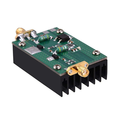 Beefy Ham Radio RF Power Amplifier Module From 1 MHz To 700 MHz Delivers Up To Three Point Two Watts Output For HF VHF UHF Transmitters Compact 37 By 56 By 17 Millimeter Size Built Tough For Reliable Signals On DIY Projects, showing circuit board with connectors and heat sink
