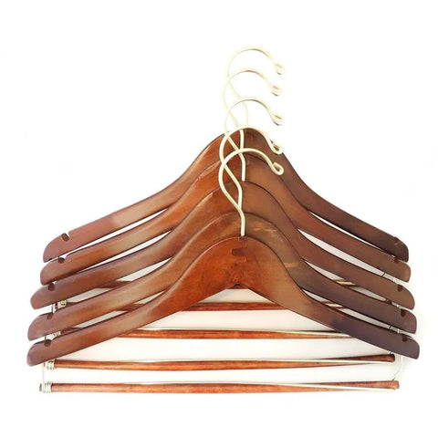 Premium Wooden Hangers Set Of Five Curved Shoulder Hangers With Gold Hooks And Locking Bar Heavy Duty Coat Hanger