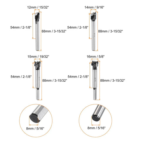 Heavy Duty Forstner Drill Bit Set With Tungsten Carbide Tips For Precision Woodworking, featuring multiple bit sizes and shank details.