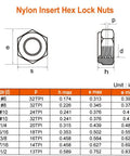 Technical diagram and specifications for 1/4-20 Nylon Insert Hex Lock Nuts 304 Stainless Steel 18-8 Black Oxide Finish 25-Piece Set.