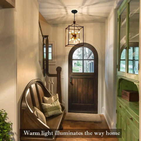 Industrial Farmhouse Chandelier Lantern Pendant Light Nine Light Fixture Built To Last In Black And Gold With Metal Frame For Dining Room Living Room Kitchen Bar Entryway Rustic Modern Style