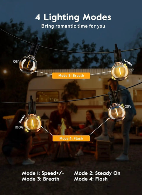 38Ft Outdoor String Lights With Remote, 15 Shatterproof LED Bulbs, highlighting 4 lighting modes for porch or balcony ambiance