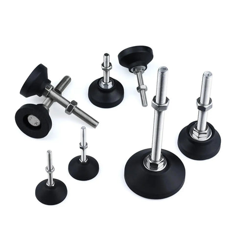 Straight Up Bulletproof Adjustable Leveling Feet 4 Pack Shop Ready Heavy Duty Carbon Steel Mounts With 40mm Swivel Base And M5 M12 Threads arranged in various sizes.