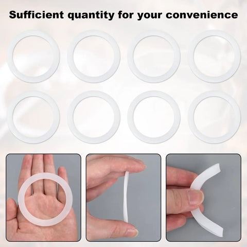 Eight White Silicone Moka Pot Gasket Seal Rings Set For Dama, Venus, Musa, Kitty 6 Cup Models, 7.1 Cm Diameter, Replacement Parts, Easy Install