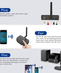 Image showing setup instructions for Long Range Bluetooth Music Receiver For Wired Speakers And Home Stereo Wireless Audio Adapter With Bluetooth 5.0 To Stream From Phone Or PC That Turns Any Setup Into A Modern Wireless Sound System Black, including cable connections and pairing mode.