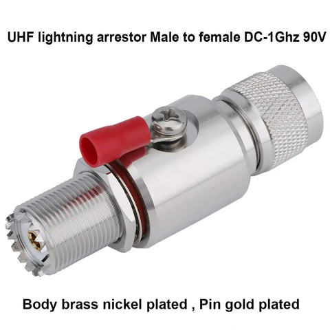 UHF Lightning Arrestor Surge Protector PL-259 Male to SO239 Female for HAM Radio, brass nickel plated with grounding screw