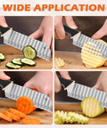 Crinkle cutter knife with black rubber handle and wavy stainless blade slicing cucumber, potato, carrot, and zucchini.