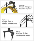 Freestanding Outdoor Hose Holder Stand With Brass Faucet, showing nozzle hanger, gauge steel, and anchor points details