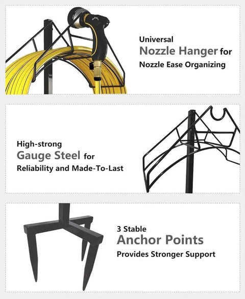 Freestanding Outdoor Hose Holder Stand With Brass Faucet, showing nozzle hanger, gauge steel, and anchor points details