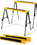 Badass 2 Pack Folding Sawhorse 660 Lb Heavy Duty Metal Work Stands With 12 Height Adjustments And Sturdy Carry Handles For Contractors And Job Sites Portable - two metal sawhorses with black top and yellow finish.