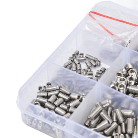 Close-up of Cup Point Set Screw Kit With 304 Stainless Steel Grub Screws M2 Through M8 in plastic organizer box compartments.