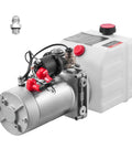 Heavy Duty Single Acting Hydraulic Power Unit Pump With 4 Qt Oil Reservoir And DC 12 Volt Motor Generating 3200 Psi Max Pressure Plus 0.91 Gpm Flow Rate For Dump Trailers close-up showing pump, reservoir, and connections.