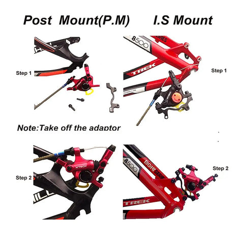 Hydraulic Disc Brake Kit For Mountain Bikes And All Road Rigs installation steps on red bicycle frame