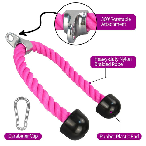 Pink Tricep Rope Cable Attachment For Gym And Home Workouts 27 Inch Length With Carabiner Durable Nylon Build For Triceps