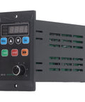 Front view of 90W VFD Inverter for AC motors 176 to 264V, 7A single to three phase, with LED display, black PC shell.