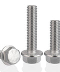Heavy Duty 304 Stainless Steel M6 X 1.0 X 12Mm Flanged Hex Head Bolts Fully Threaded showcasing various lengths in a silver finish.