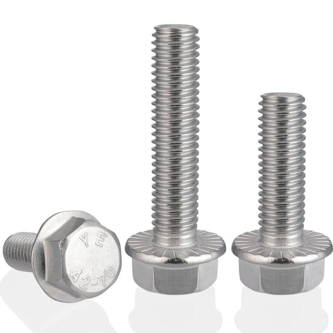 Heavy Duty 304 Stainless Steel M6 X 1.0 X 12Mm Flanged Hex Head Bolts Fully Threaded showcasing various lengths in a silver finish.
