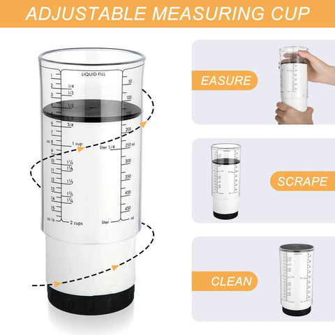 Adjustable Measuring Cup Set With 2 Cup Plastic Cups And 5 Stainless Steel Spoons For Precise Cooking And Baking No Fuss Kitchen Kit Built Like A Pro With Dual Material Design And Easy Pour, clear 2-cup adjustable measuring cup
