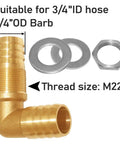 Two Pack Brass 90 Degree Barb Bulkhead Fittings For Three Quarter Inch OD Hose Barb Bulkhead Couplings Tank Connector, with threads and washers, suitable for 3/4 ID hose.