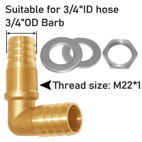 Two Pack Brass 90 Degree Barb Bulkhead Fittings For Three Quarter Inch OD Hose Barb Bulkhead Couplings Tank Connector, with threads and washers, suitable for 3/4 ID hose.