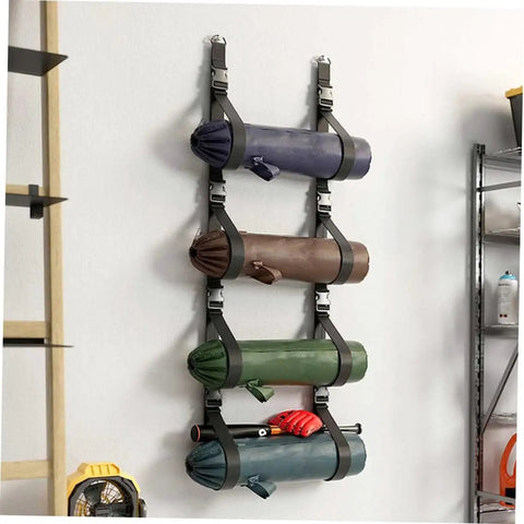 Heavy Duty Adjustable Wall Storage Straps For Garage Organization Rock Solid Wall Mount System showcasing various rolled tools mounted securely.