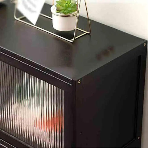 Sturdy Bamboo Desk Shelf Organizer with Hovering Plastic Door Display for home office, corner view with small plant