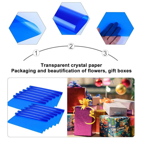 Transparent Candy Color Flower Wrapping Paper Pack 20 Sheets For Bouquets And Gift Wrap with blue sheets and gift use.