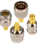 Pro Grade 50 Ohm SMA To N Adapter Kit With Four RF Connectors For Ham Radio LoRa Gateway 5G WiFi SDR And VNA Includes All Four Male And Female Combos Gold Plated Contacts For Low Insertion Loss And Precise Impedance, showing close-up of adapters