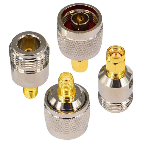 Pro Grade 50 Ohm SMA To N Adapter Kit With Four RF Connectors For Ham Radio LoRa Gateway 5G WiFi SDR And VNA Includes All Four Male And Female Combos Gold Plated Contacts For Low Insertion Loss And Precise Impedance, showing close-up of adapters