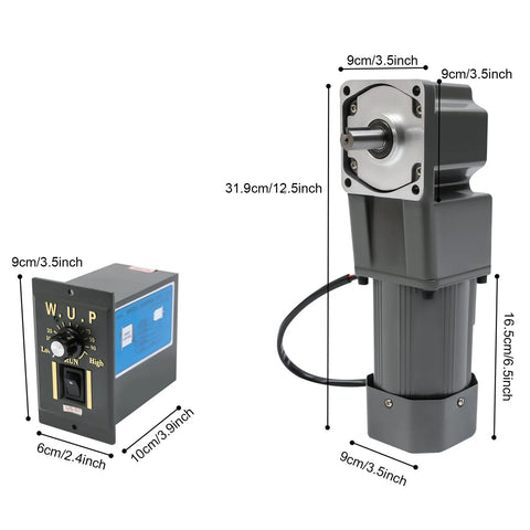 110V high torque gear motor with speed controller and dimensions, ideal for industrial machinery and automation.