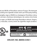 Warranty and testing details for UV-C Plug-In Personal Air Purifier With Auto On Motion Sensor Built-In Night Light For Small Rooms.