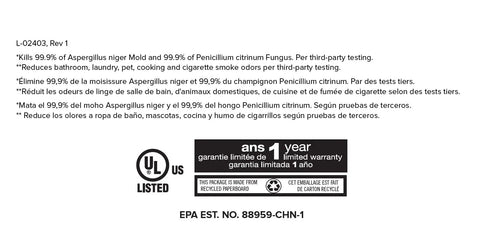 Warranty and testing details for UV-C Plug-In Personal Air Purifier With Auto On Motion Sensor Built-In Night Light For Small Rooms.