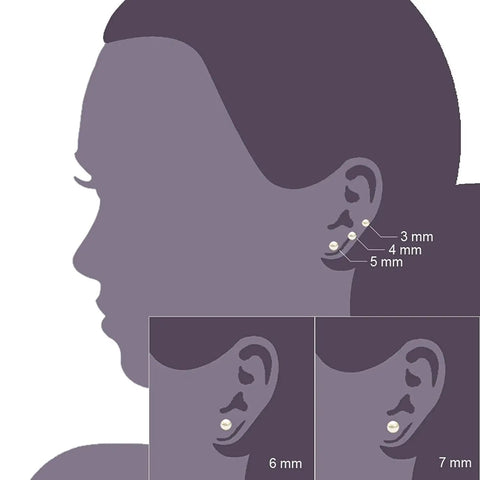 Five Pair Imitation Pearl Stud Earrings Set In 3Mm, 4Mm, 5Mm, 6Mm, And 7Mm Diameters, Hypoallergenic Surgical Stainless Steel, Nickel Free And Lead Free, Go-To Starter Earrings For Sensitive Ears, Everyday White Pearl Jewelry. Side view size chart