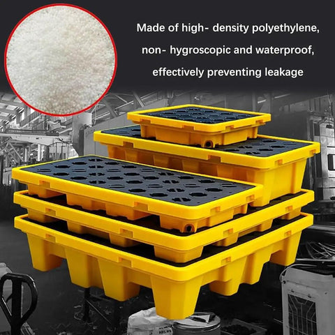 Stacked yellow modular spill containment pallets with drain and anti-leak trays made of heavy duty polyethylene for liquid storage.