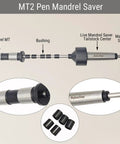 DIY Pen Turning Kit For Lathe With MT2 Mandrel Saver close-up showing parts labeled: Mandrel MT, Bushing, Tailstock Center, Mandrel Shaft.