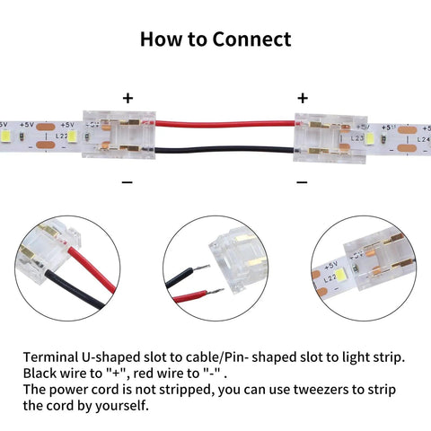 5V DIY LED Strip Light Kit For 3D Printer Projects connection guide with terminal slots and wire instructions