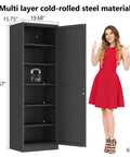 Tall Narrow Slim Steel Storage Cabinet With Lock And Five Adjustable Shelves For Kitchen Pantry Bathroom And Office Black 67 Inch Tall Go To Locker Organizer File Cabinet next to woman in red dress.